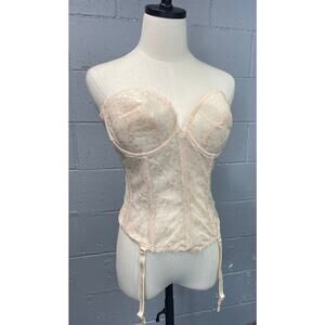Vintage Beige Lace Long Line Corset Bra Boned Garters 38C Strapless Sweetheart